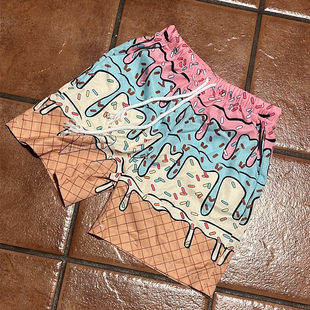 Ice Cream Print Baseball Player Shorts- Boys Sz 130 (7/8) Pink Blue Cream Tan